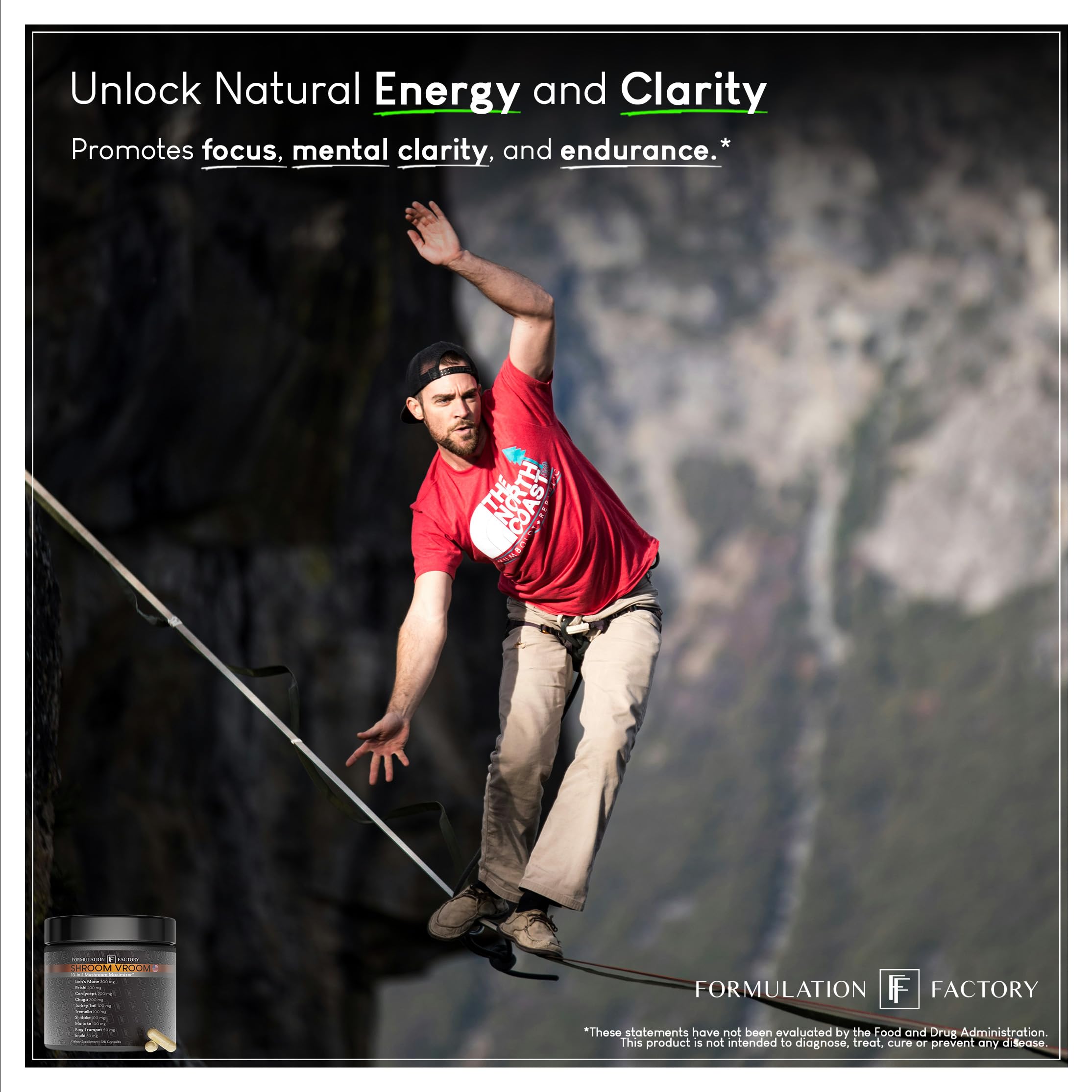 Formulation Factory Shroom Vroom Reishi capsules, associated with calm energy and recovery.