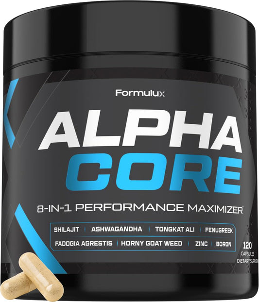 Formulux Alpha Core bottle front, ready-to-use energy support for daily performance.