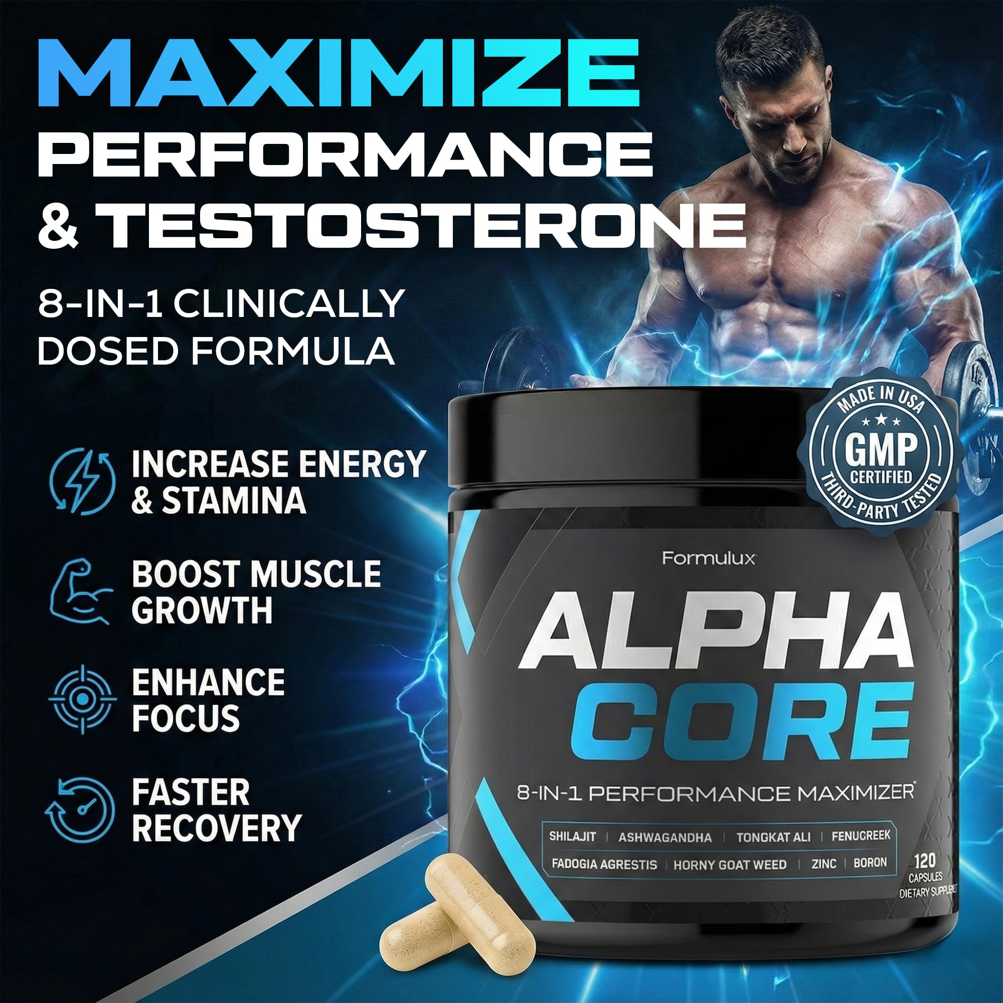 Formulux Alpha Core bottle label showing transparent ingredient amounts for trust.