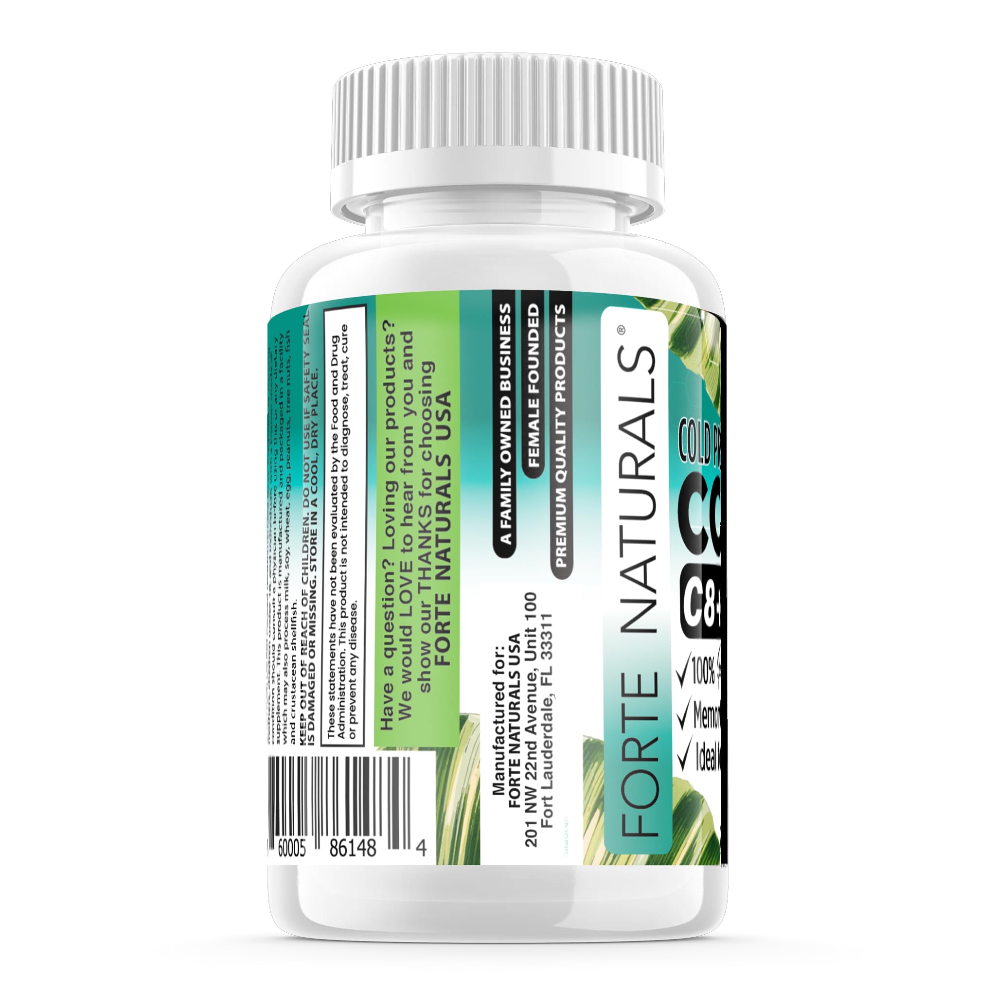 Close-up of FORTE NATURALS Coconut Oil softgel capsules