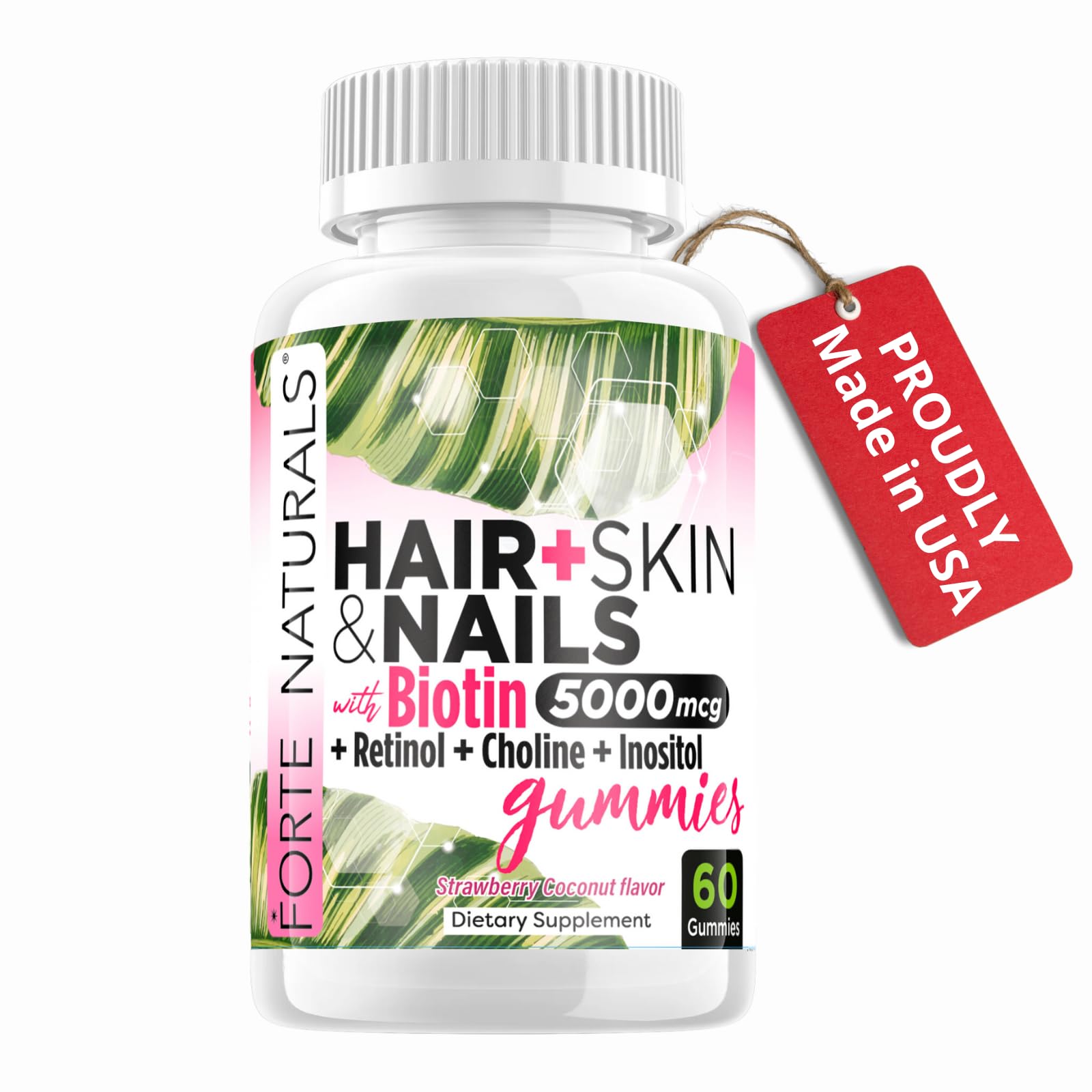 FORTE NATURALS gummies bottle highlighting biotin for healthy hair and nails