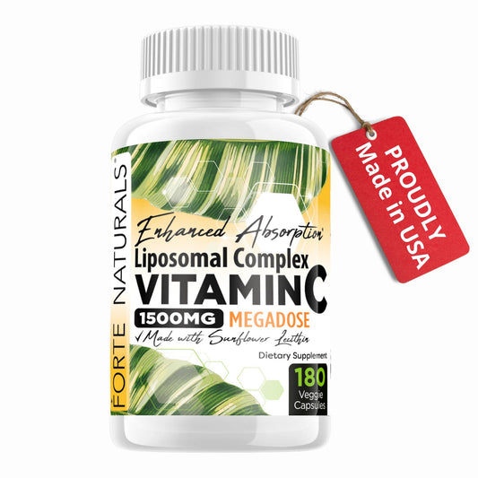 FORTE NATURALS liposomal vitamin C capsules closeup showing easy to swallow veggie capsules.