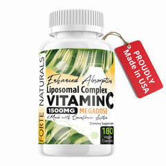 FORTE NATURALS liposomal vitamin C capsules closeup showing easy to swallow veggie capsules.