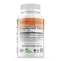 FORTE NATURALS Zinc 50mg bottle label closeup highlighting vegan non-GMO formula for sensitive stomachs.