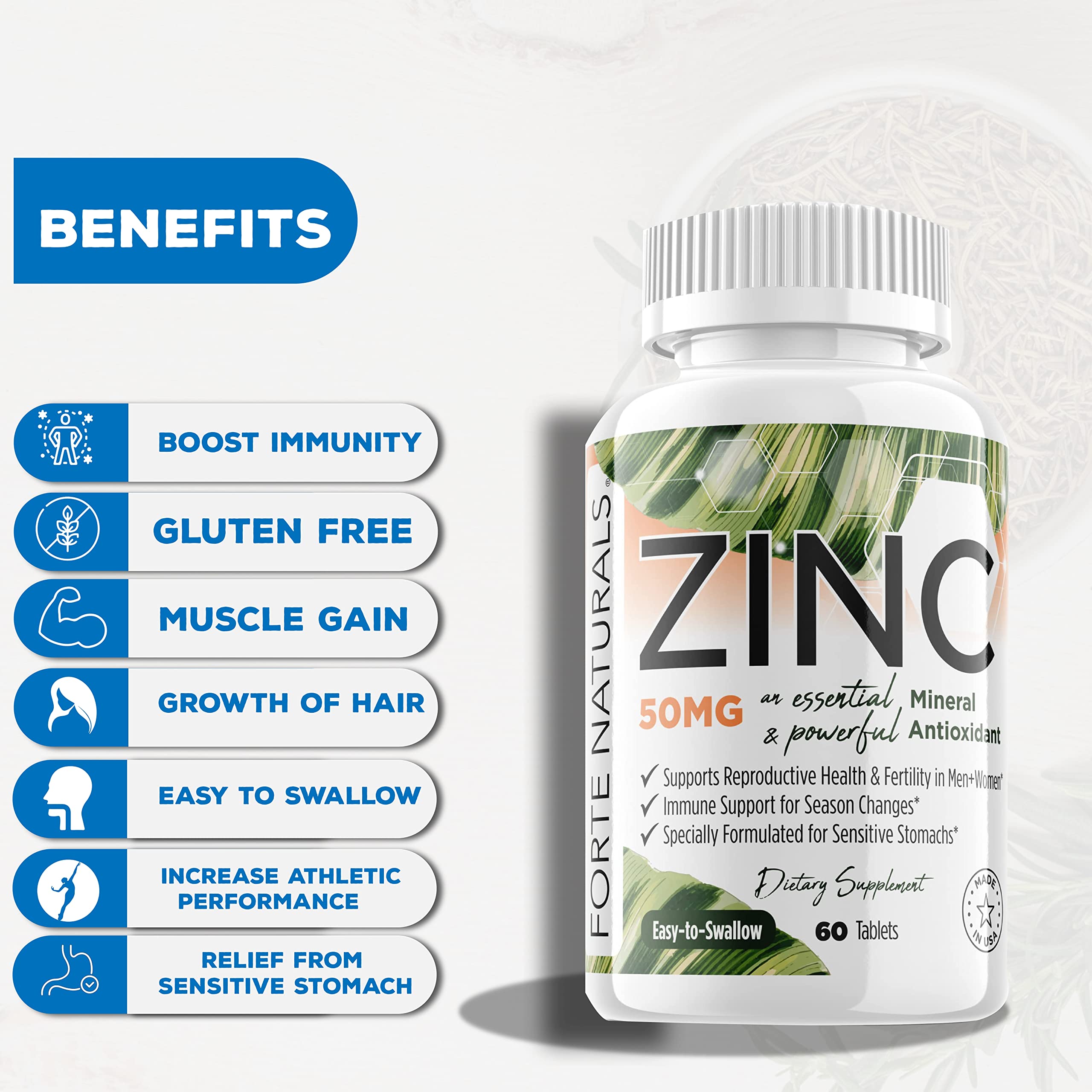 FORTE NATURALS Zinc 50mg tablets in bottle for easy daily use and immunity support.