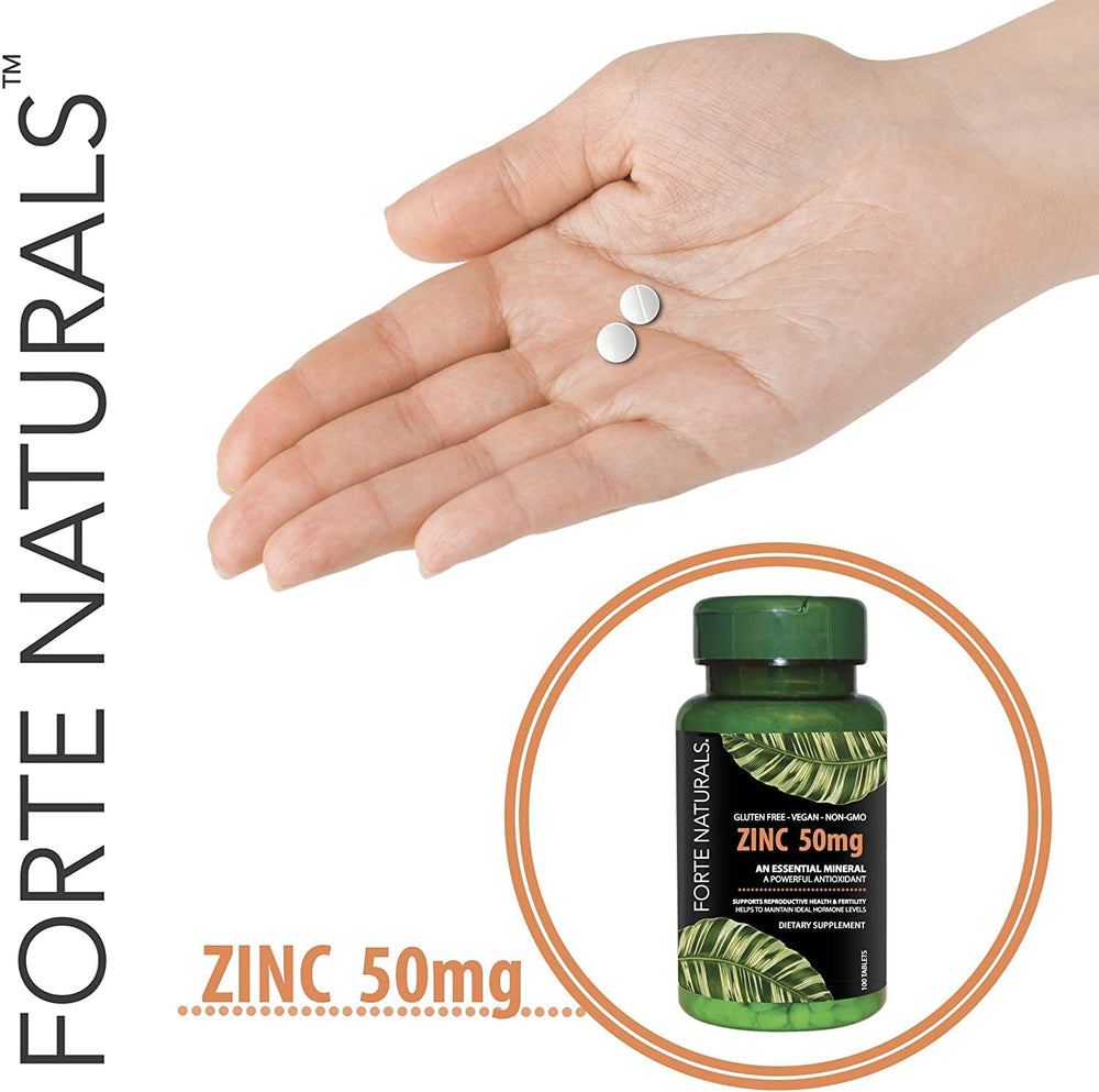 FORTE NATURALS Zinc 50mg seal, GMP-certified USA manufacturing.