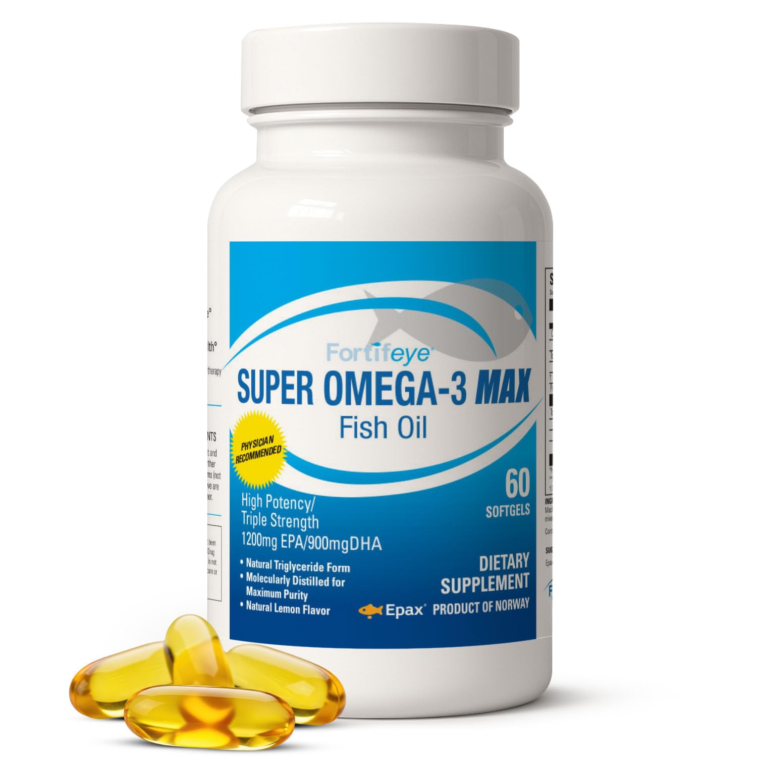 Fortifeye Super Omega-3 Max bottle front view highlighting potent omega-3 content.