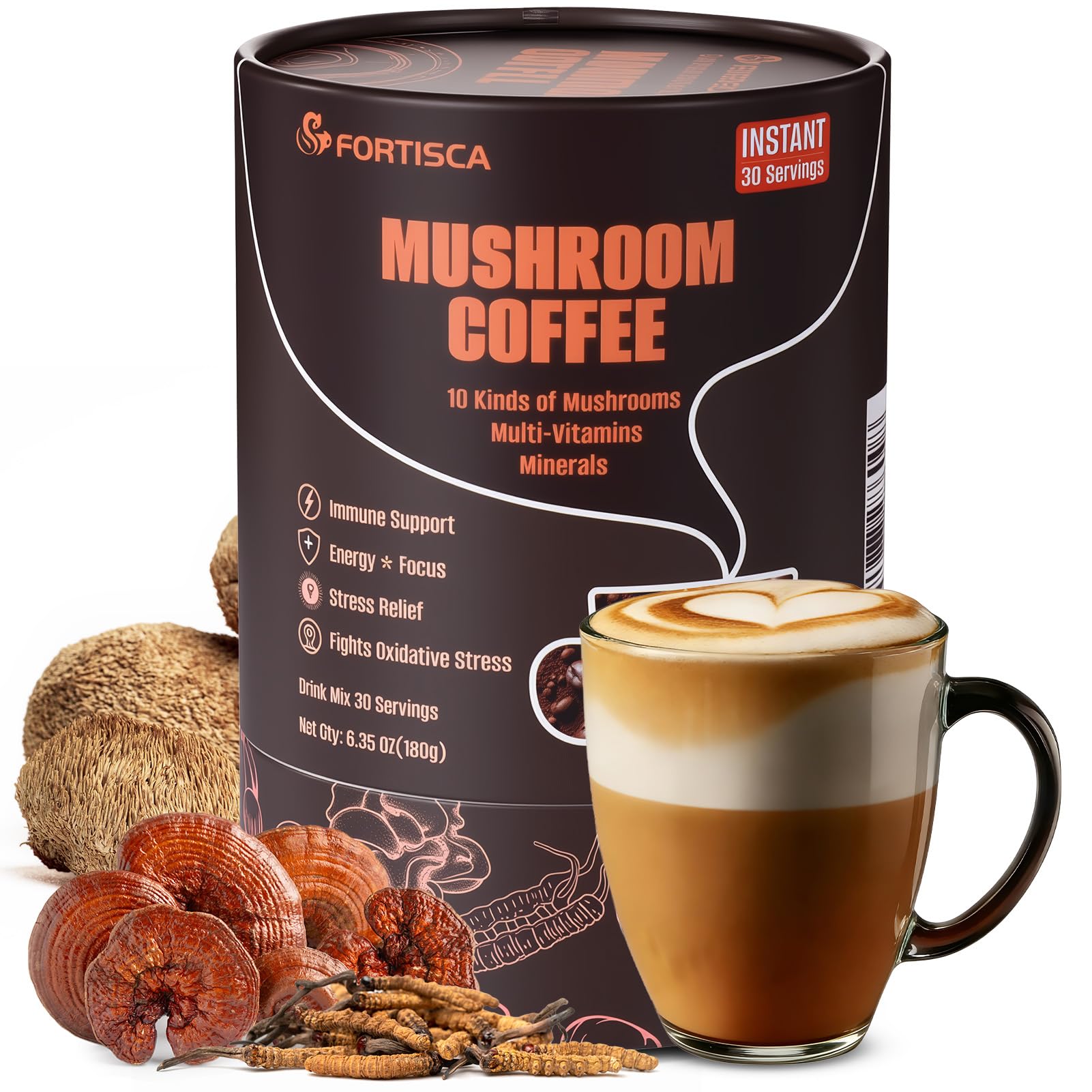 Fortisca 10-in-1 Mushroom Coffee tub front view for daily energy