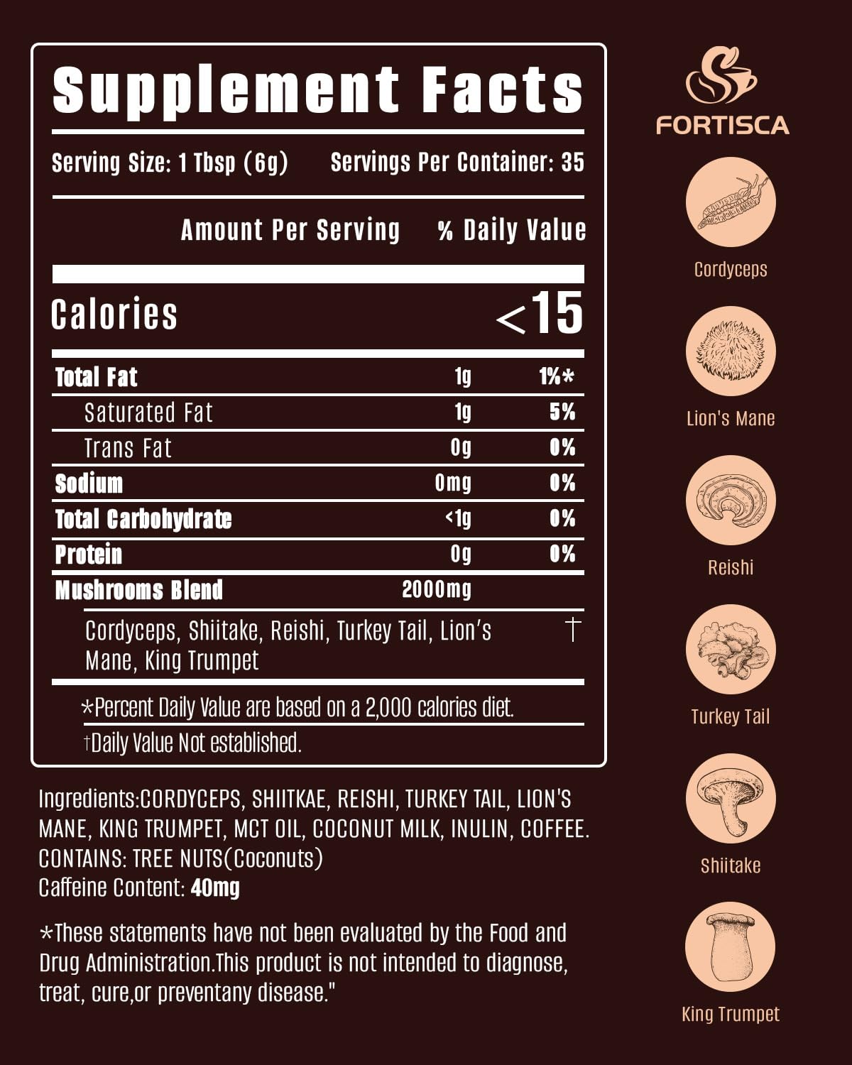 FORTISCA Mushroom Coffee cup steaming emphasizes smooth flavor and alertness