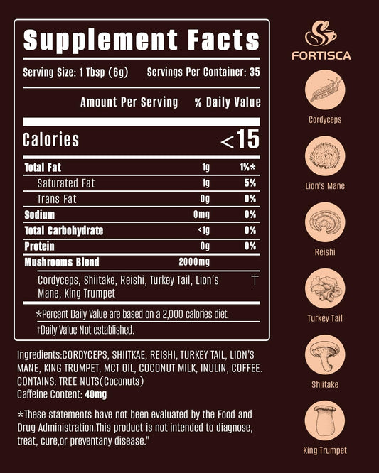 FORTISCA Mushroom Coffee cup steaming emphasizes smooth flavor and alertness
