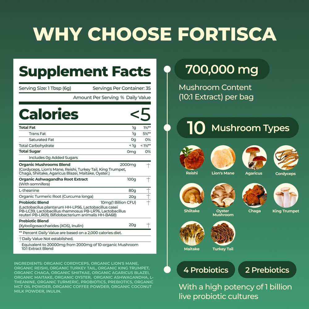 Fortisca Mushroom Coffee cup with foam showing smooth, low-acid taste and focus.