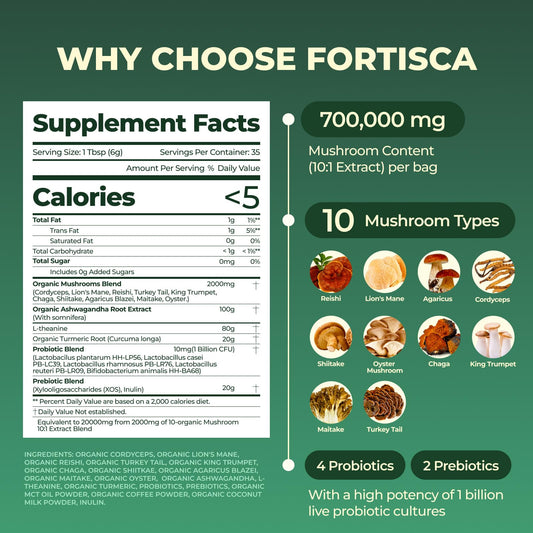 Fortisca Mushroom Coffee cup with foam showing smooth, low-acid taste and focus.
