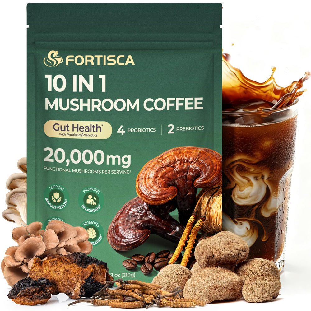 Fortisca Mushroom Coffee probiotic pack-shot highlighting gut-friendly energy support.