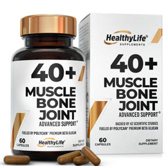 40+ Muscle Bone Joint Advanced Support bottle front promotes joint comfort and bone support