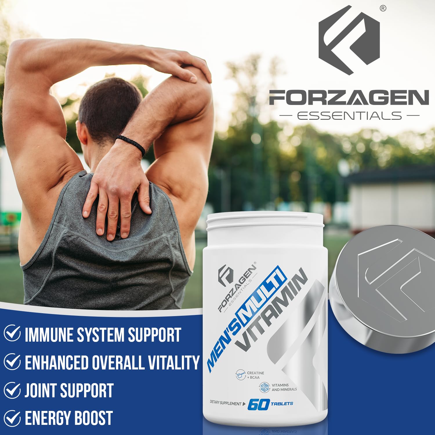Forzagen Essentials men's multivitamin BCAA — includes BCAA for endurance and recovery.