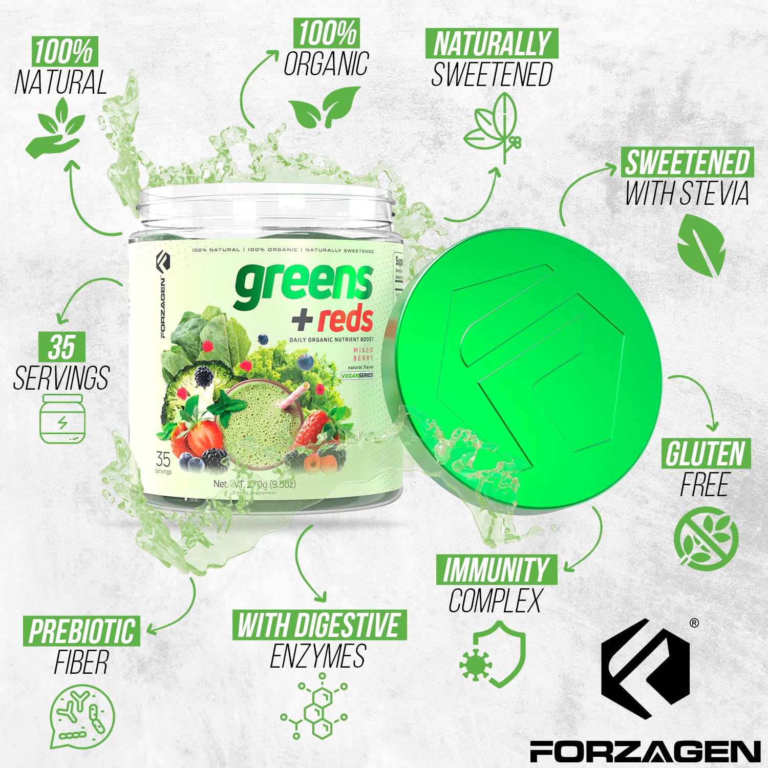 Forzagen Greens Reds container closeup emphasizes natural ingredients