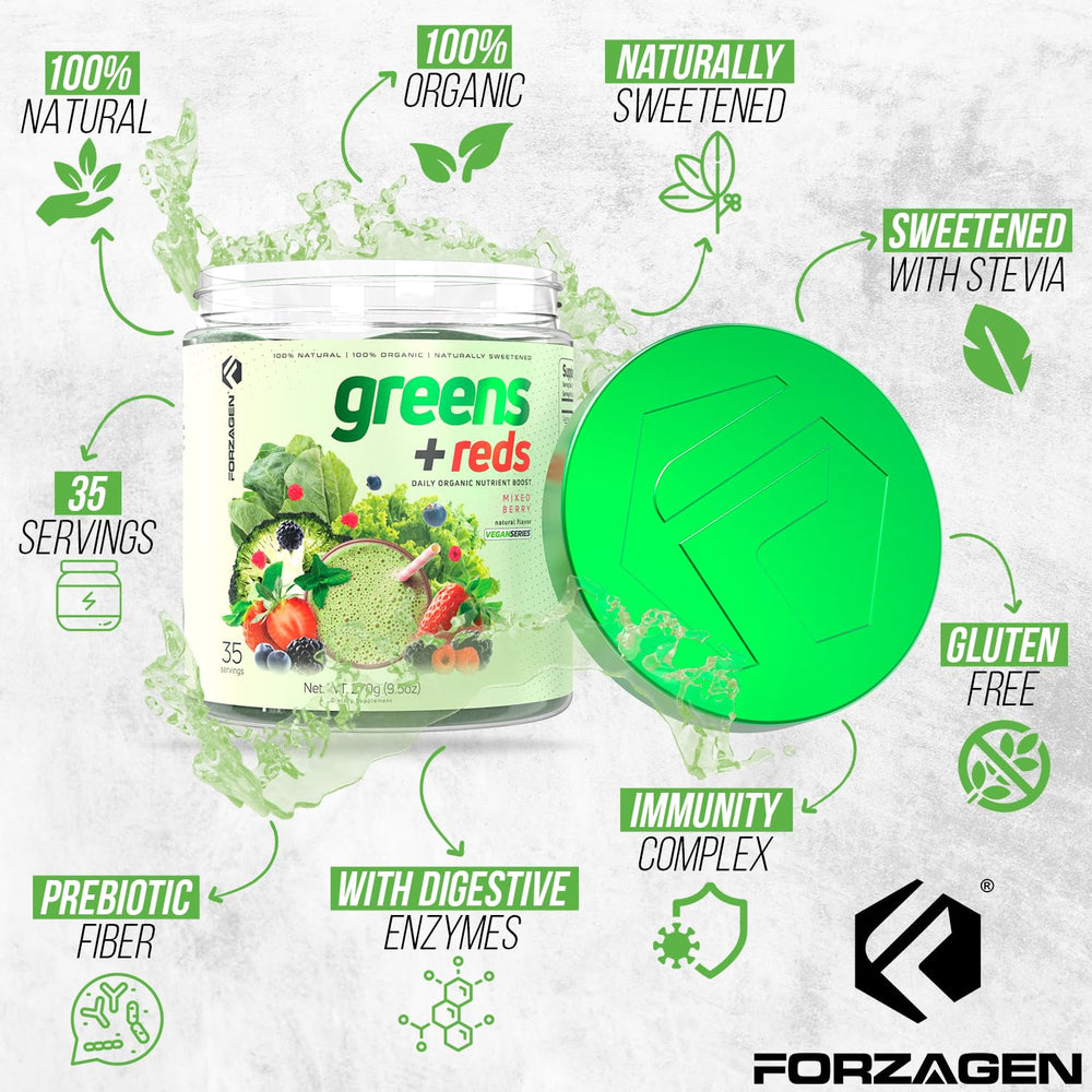 Forzagen Greens Reds container closeup emphasizes natural ingredients