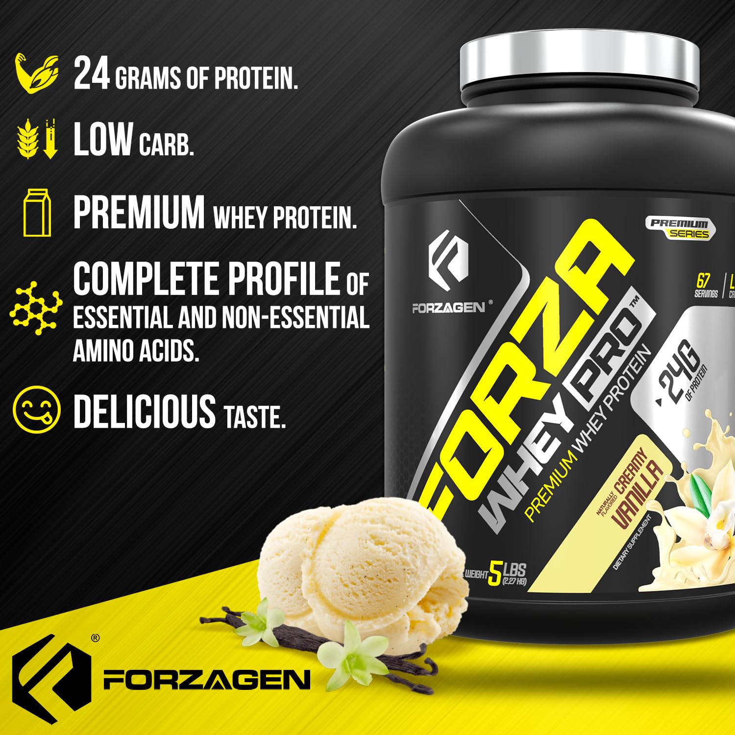Forzagen Whey PRO flavors display — Vanilla to Cookies & Cream variety.