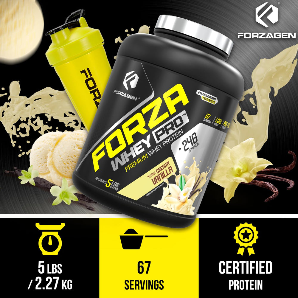 Forzagen Whey PRO packaging — gluten-free and no added sugar badge.