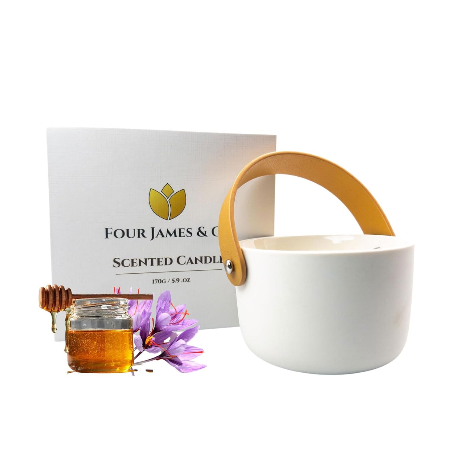 Four James & Co Honey Crocus ceramic jar candle enhances luxury home décor.