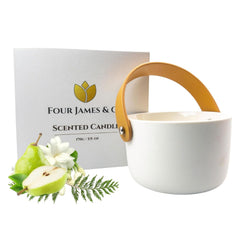 Four James & Co luxury soy wax candle in vanilla with ceramic jar, elegant ambiance