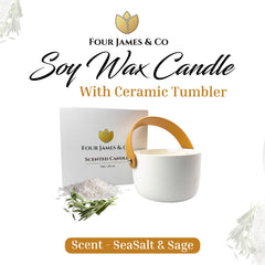 Four James & Co Sea Salt Sage candle lit reveals warm aroma for ambiance.