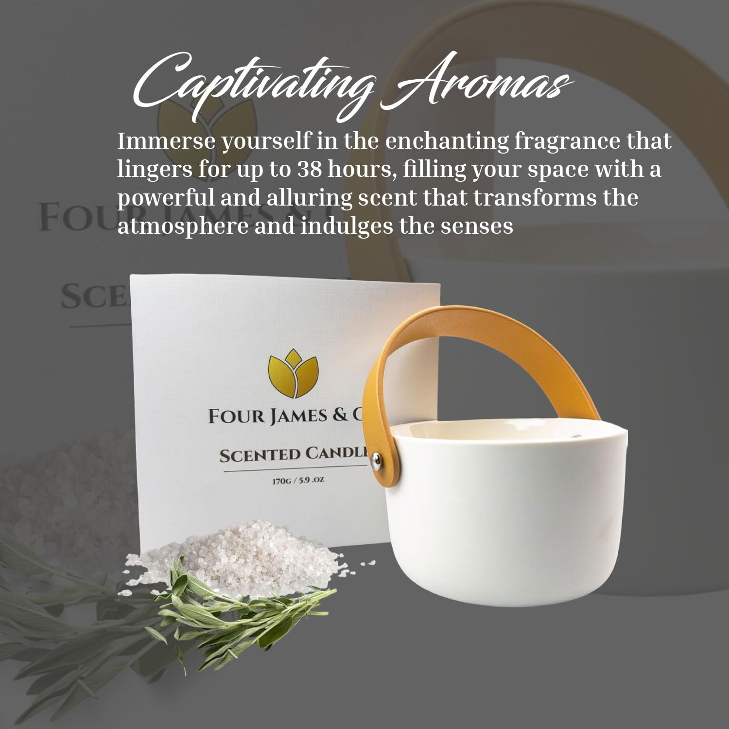 Four James & Co Sea Salt Sage candle in dining setting enhances atmosphere.