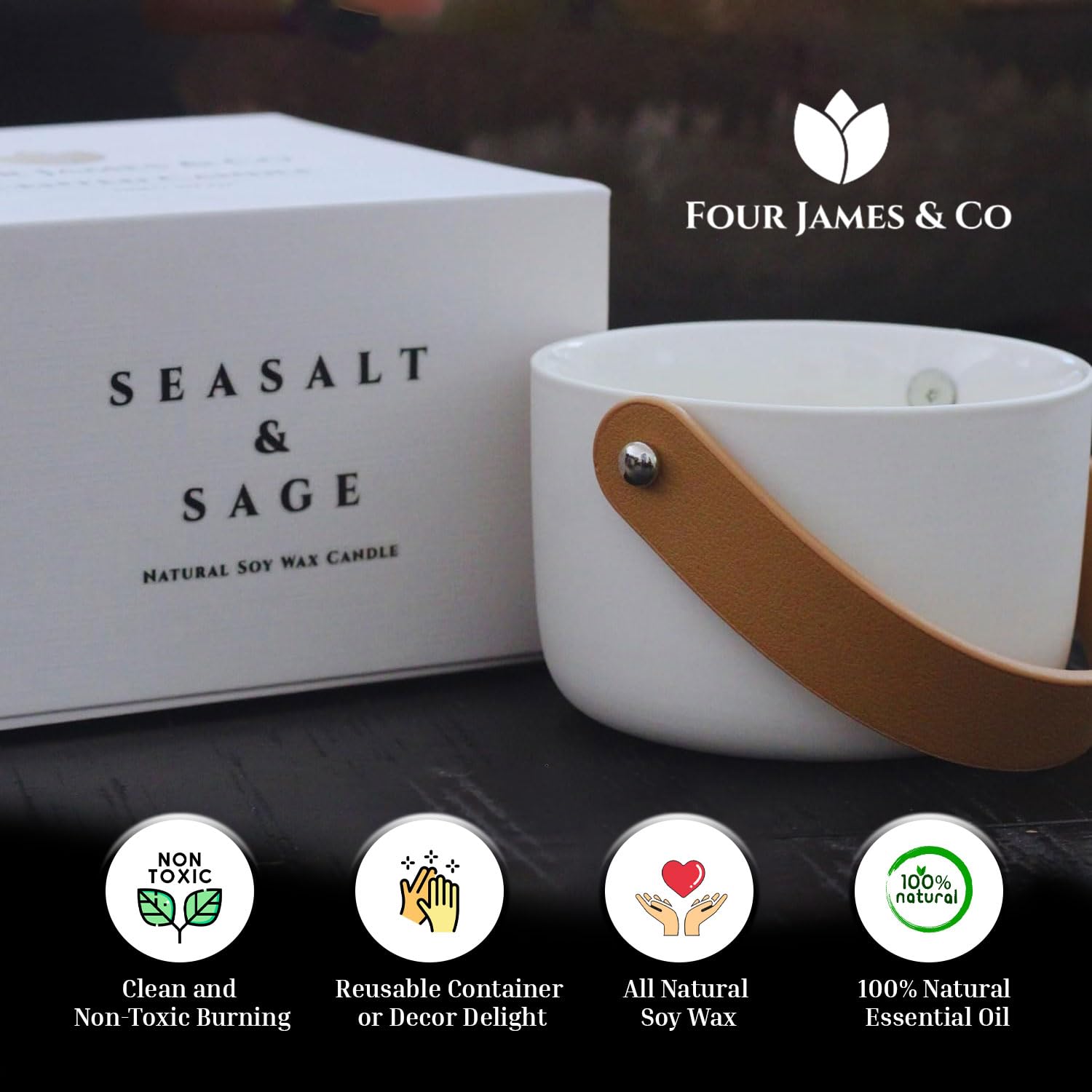 Four James & Co Sea Salt Sage has vanilla notes for cozy rooms.