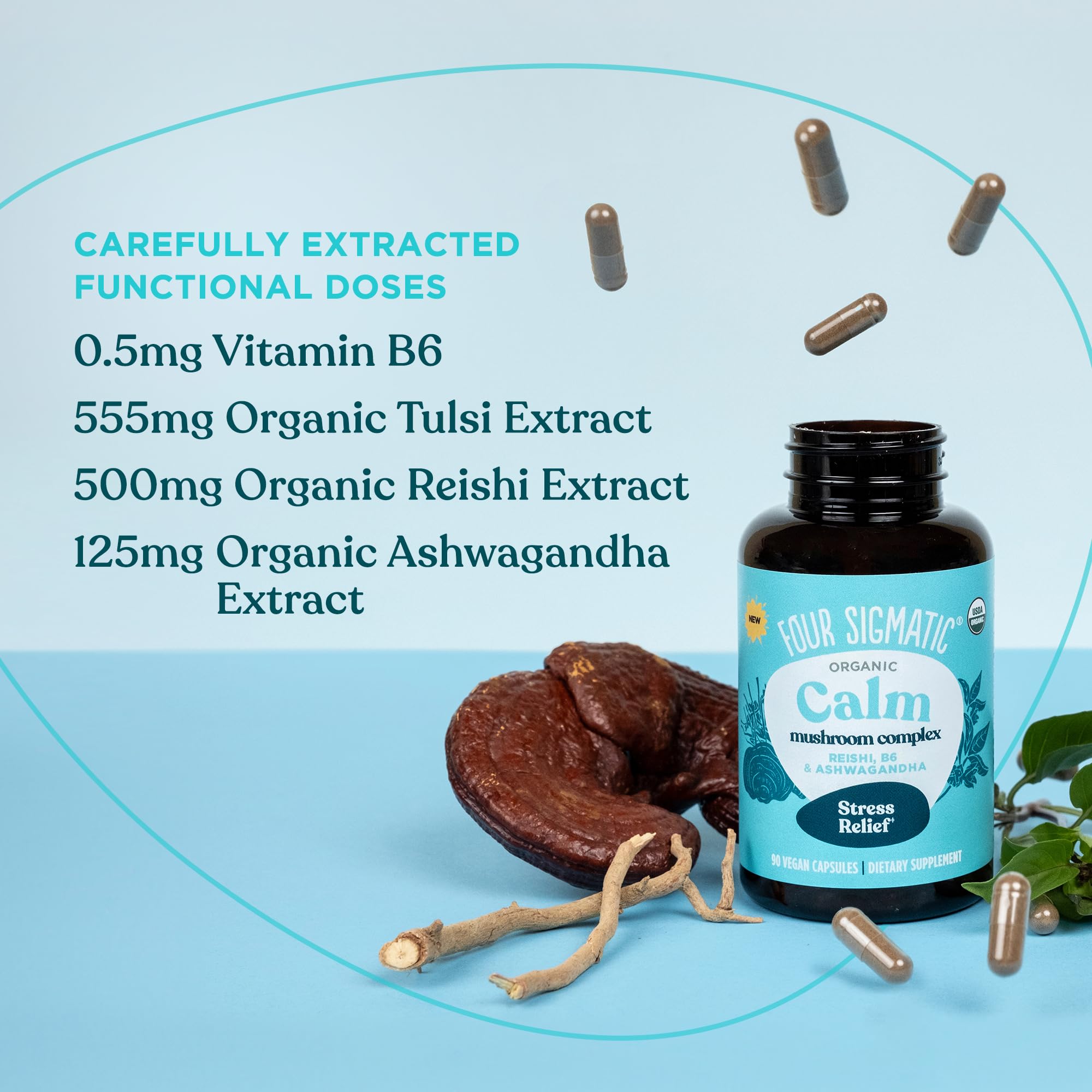 Four Sigmatic Calm Capsules serving suggestion showing 30 servings per bottle.