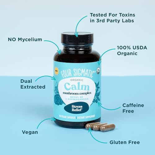 Four Sigmatic Calm Capsules with tulsi extract showcasing calming mood benefits.