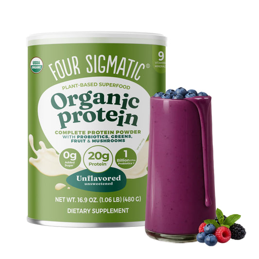 Four Sigmatic organic plant based protein powder unflavored bottle for smoothies