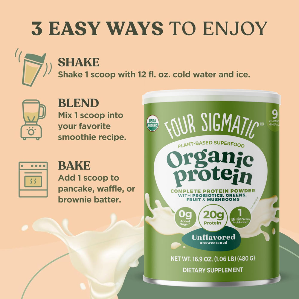 Four Sigmatic organic protein powder in recyclable container supports sustainable nutrition