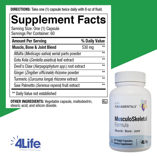 4Life Musculoskeletal Formula capsules highlight convenient vegetarian capsules for nourishing bones and muscles.
