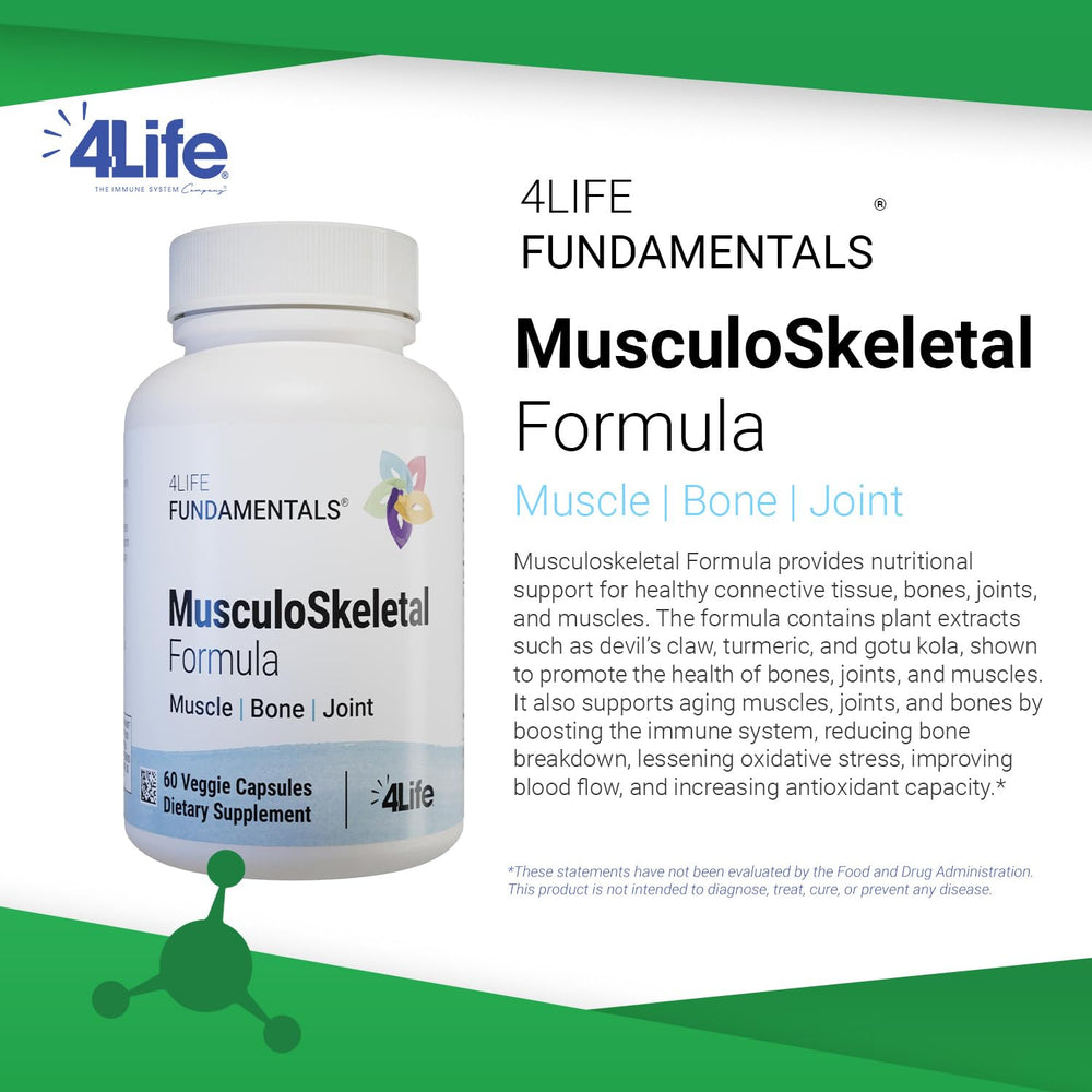 4Life Musculoskeletal Formula label closeup highlights the blend of botanicals for connective tissue support.