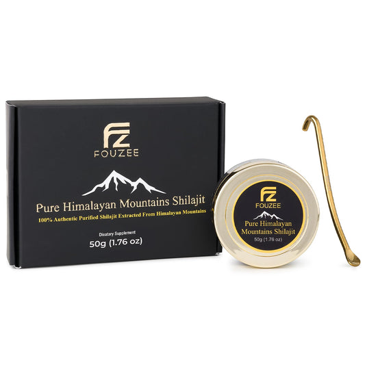 FOUZEE Pure Himalayan Shilajit jar highlighting authentic mineral source for daily wellness