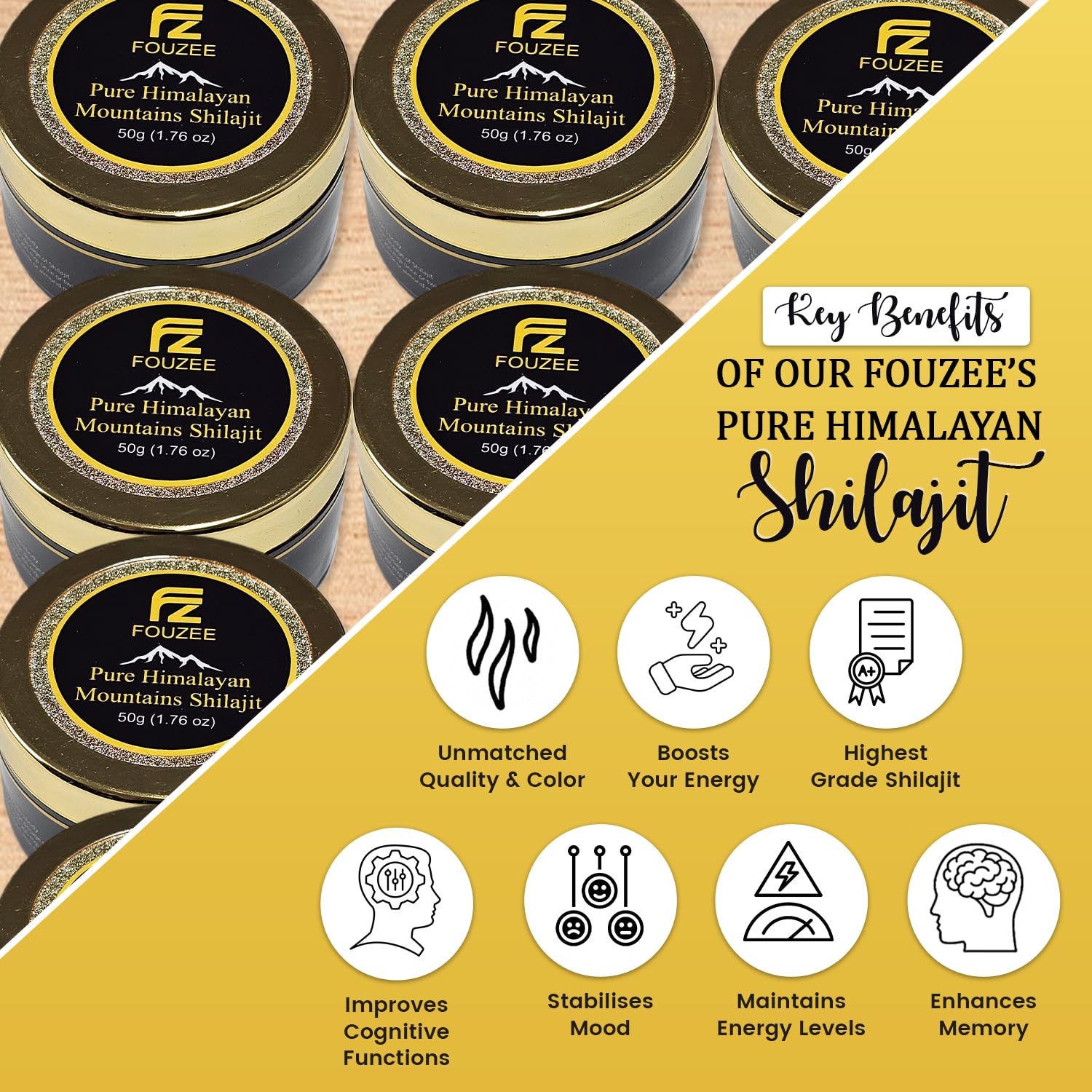 Close-up of 77-percent Shilajit powder emphasizing fulvic acid content