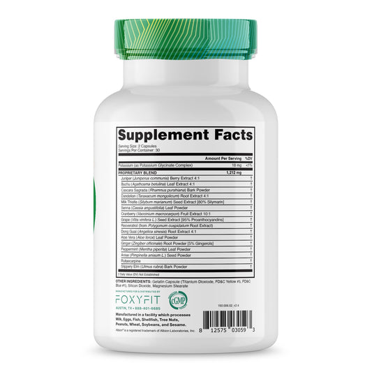 FoxyFit Detox for Her bottle back label highlights ingredients and potential gut support.