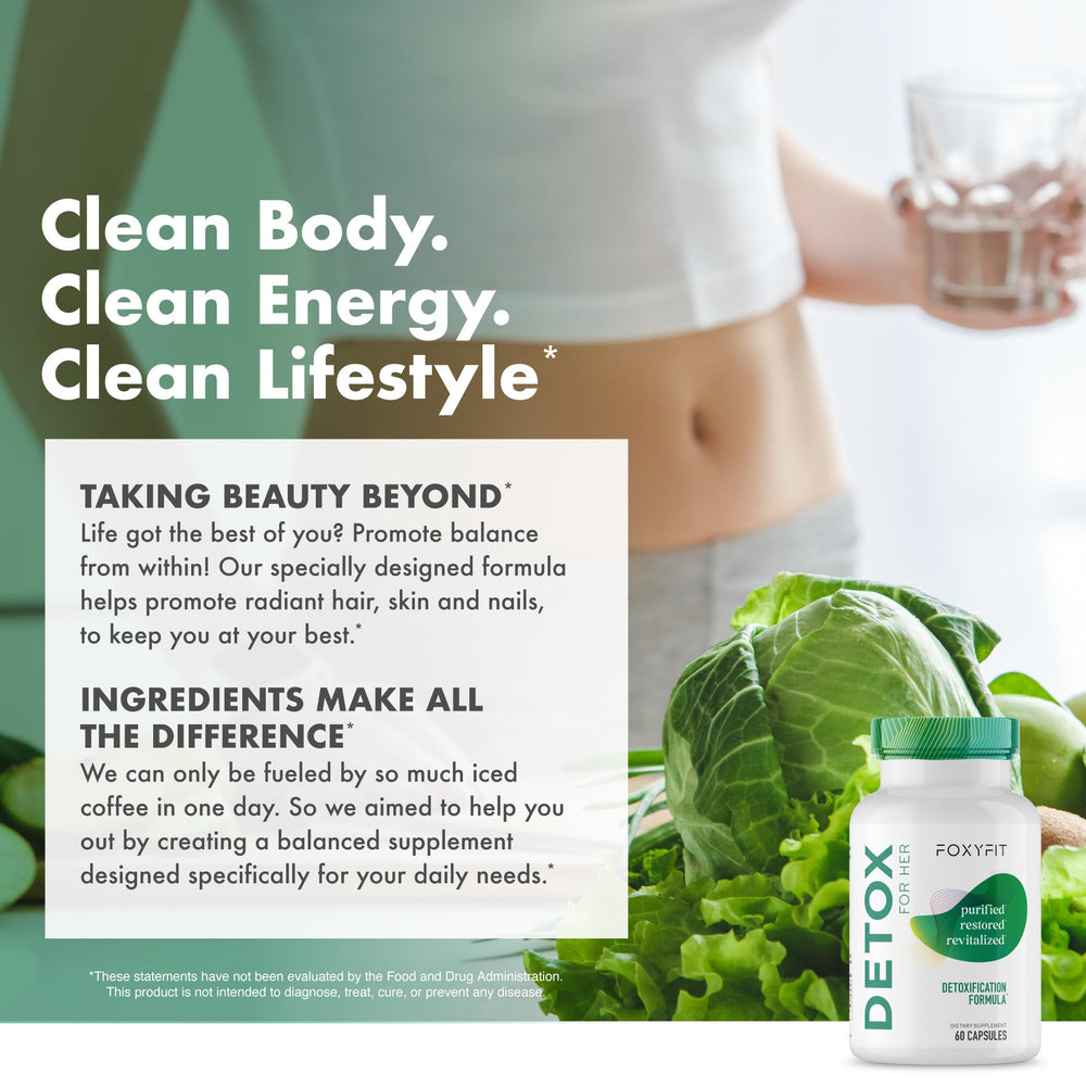 FoxyFit Detox for Her ingredient panel highlights a safety-focused formulation.