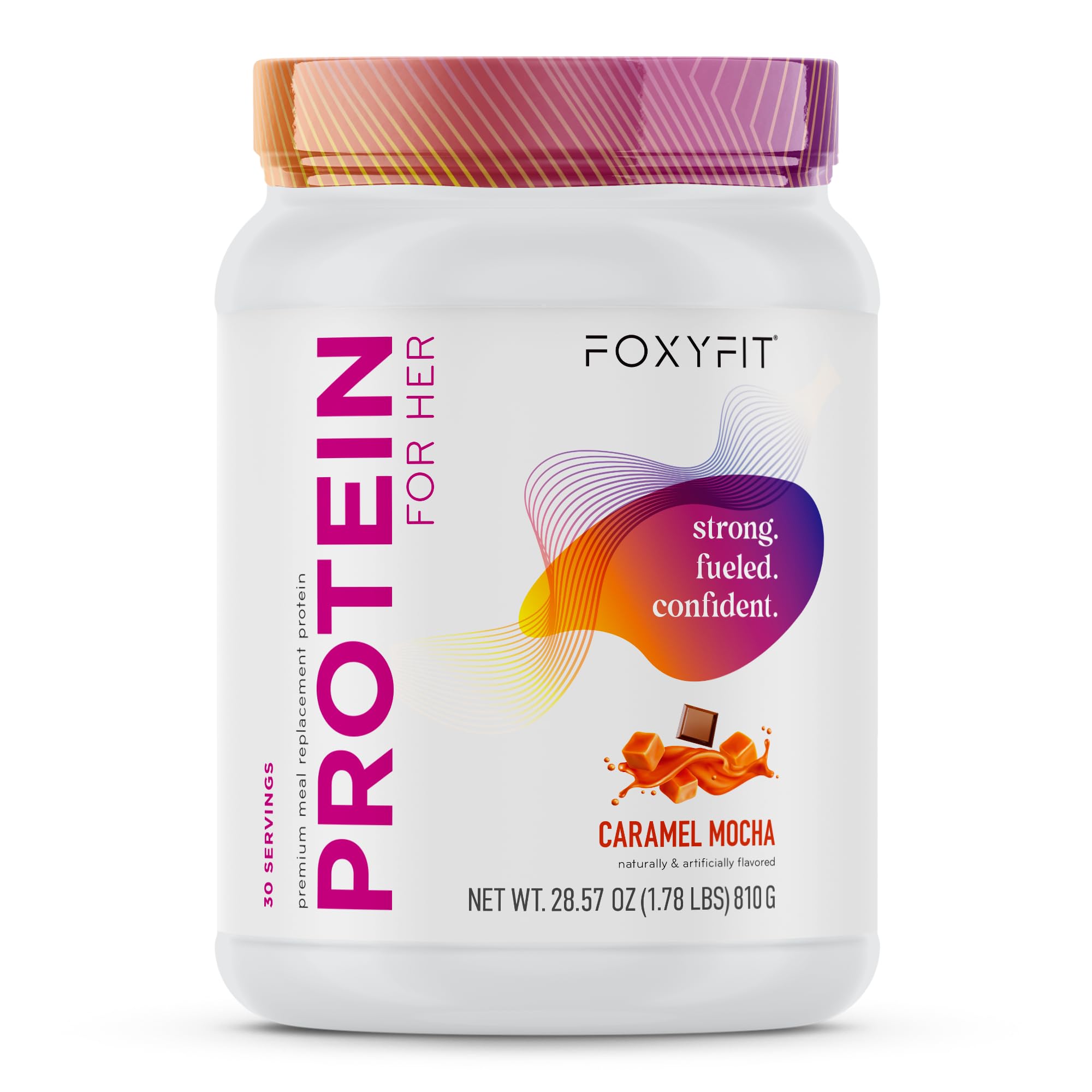 FoxyFit Protein for Her tub front view highlights premium protein formula