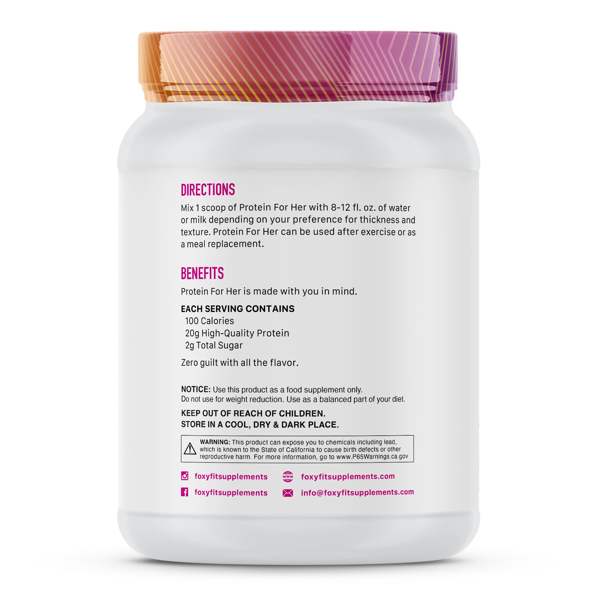 FoxyFit Protein for Her tub label close-up shows biotin and CLA ingredients