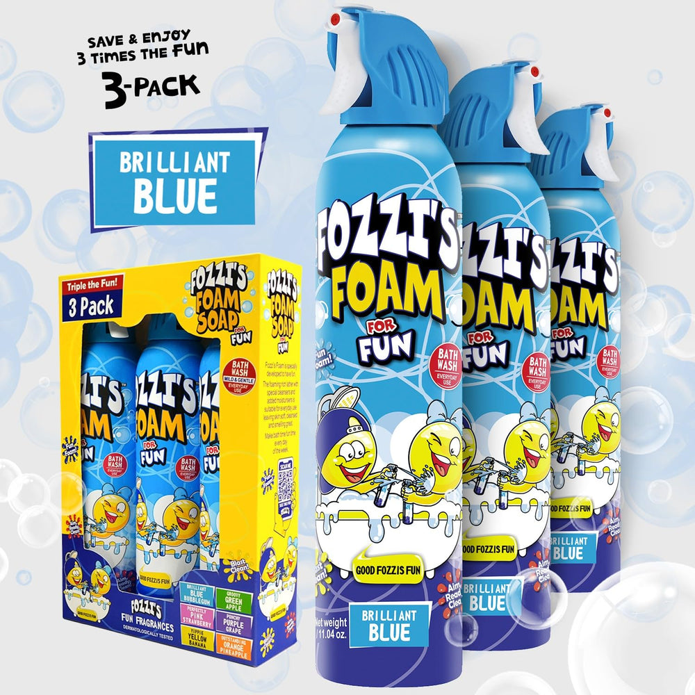 FOZZI'S Brilliant Blue bubbles rise in tub for joyful bath time.