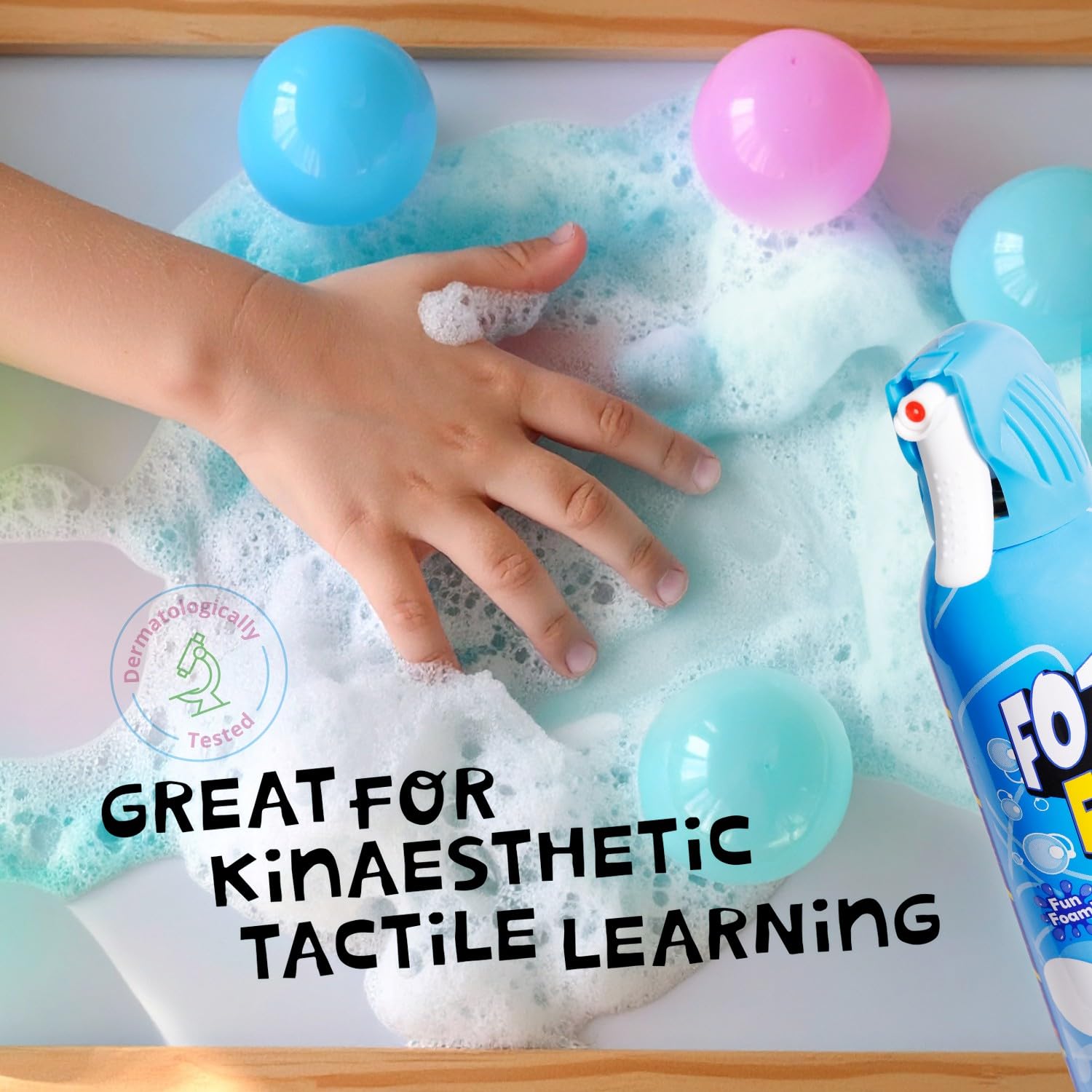 Child enjoys FOZZI'S Brilliant Blue foamy fun during bath.
