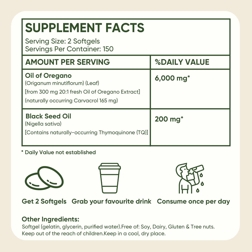 FQMUEV 2-in-1 herbal blend close-up showing carvacrol and thymoquinone