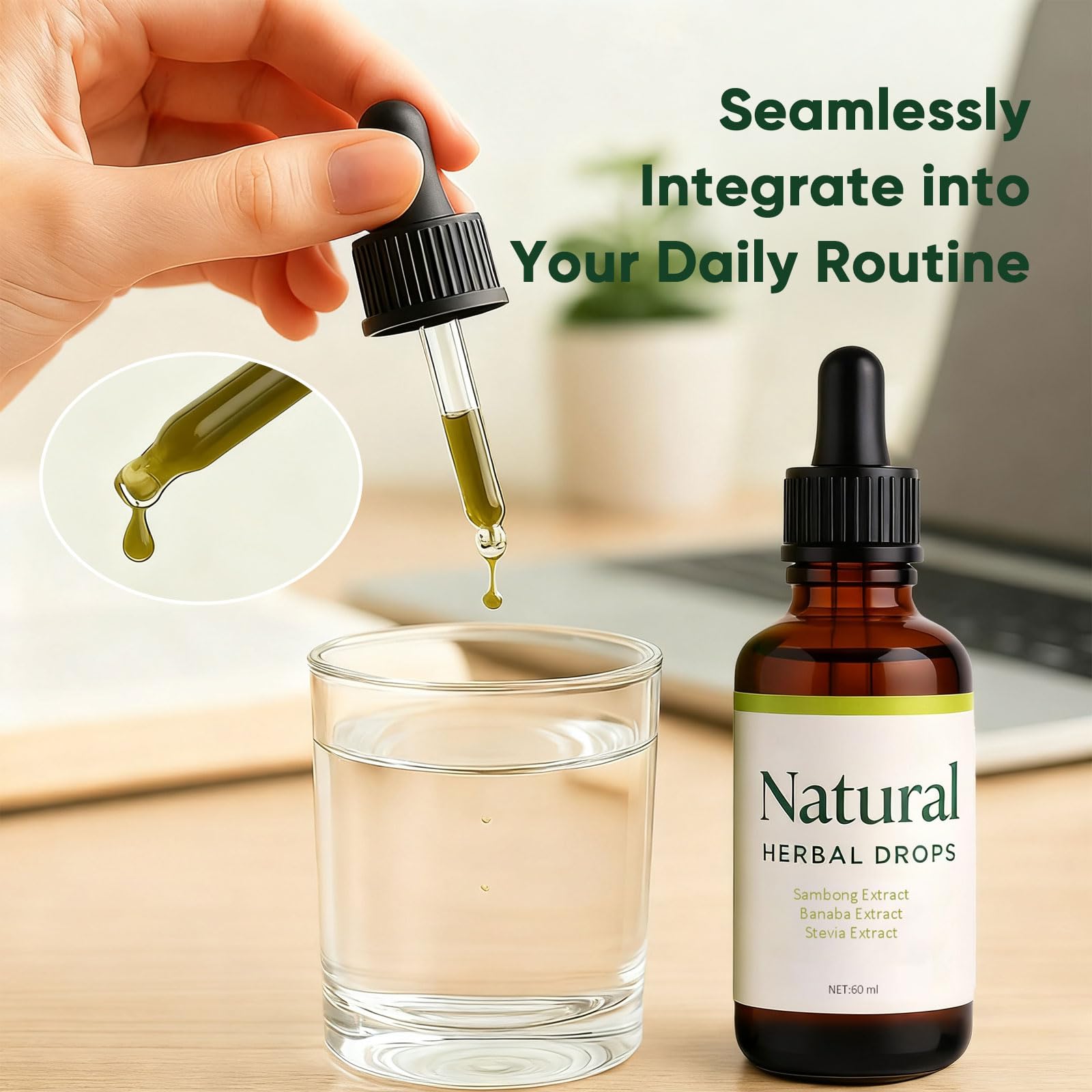 FQMUEV Dok herbal bottle against clean background emphasizing vegan and non-GMO