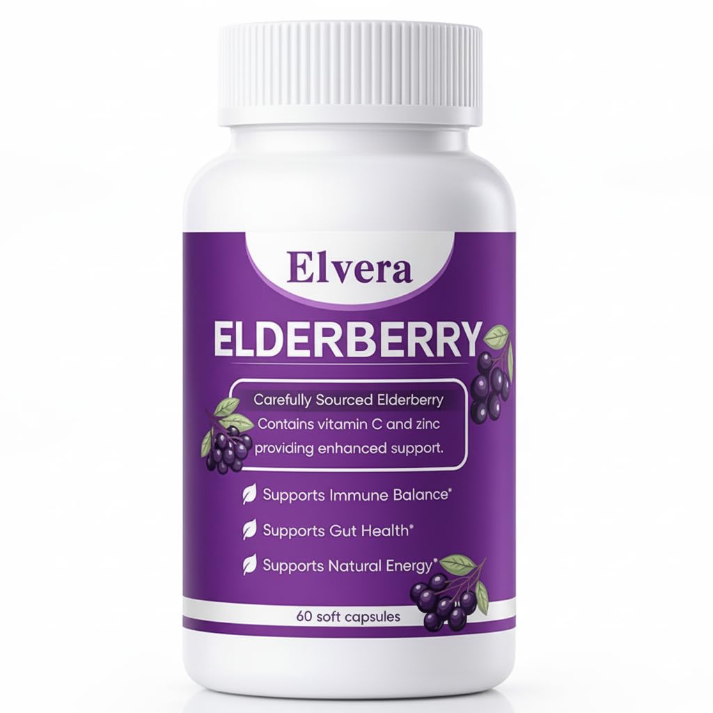 FQMUEV Elvera gut support bottle with 60 vegan softgels for daily gut support.