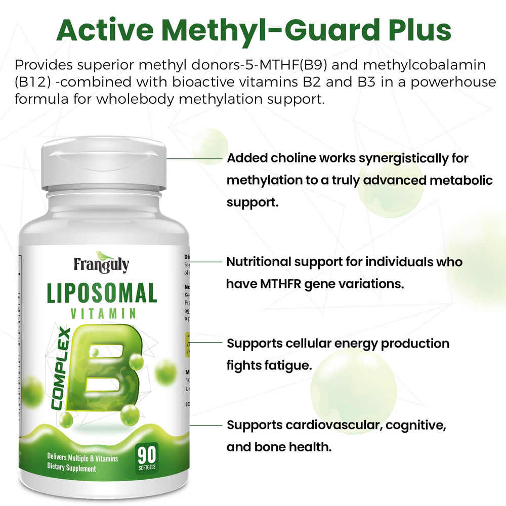 Franguly Liposomal B Complex capsules ready for daily supplementation.
