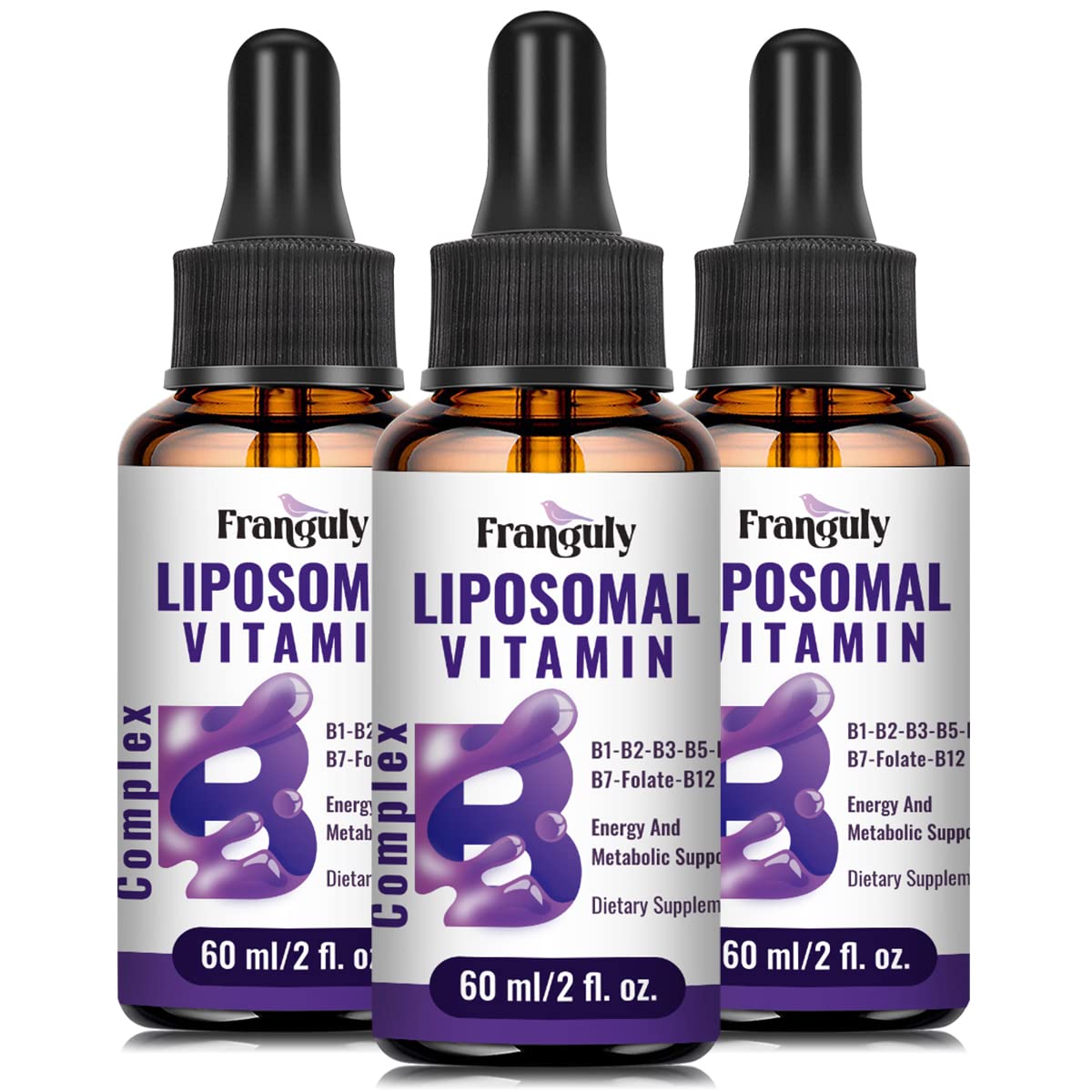 Franguly Liposomal B Complex bottle front, premium packaging for daily use.