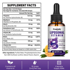 Franguly Liposomal B Complex ingredients panel shows vegan and allergen-free form.