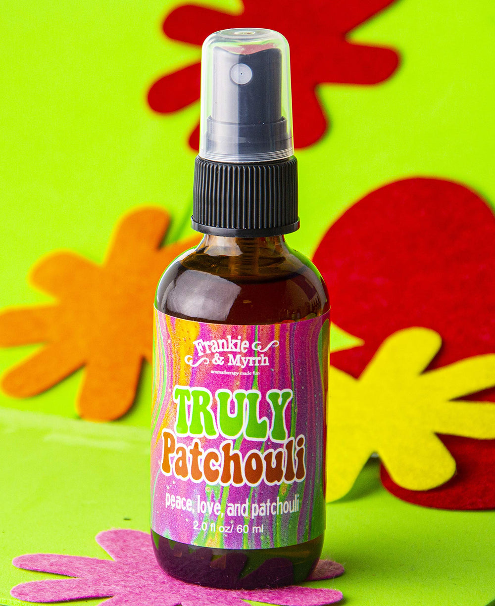 Frankie & Myrrh patchouli spray canister in living room ambiance