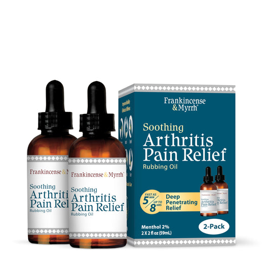 Frankincense & Myrrh arthritis oil bottle pour for fast glide and targeted relief.
